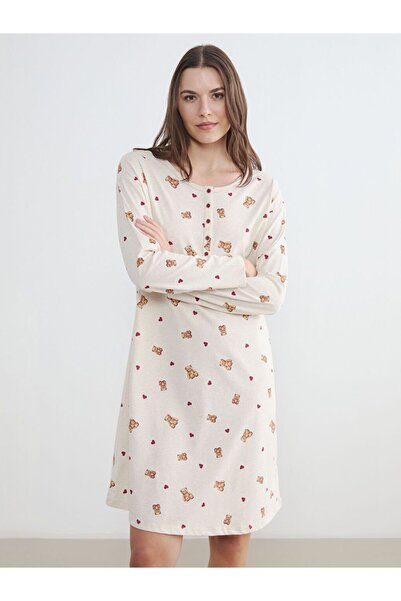 LC Waikiki Crew Neck Bear Teddy Patterned Maternity Nightgown