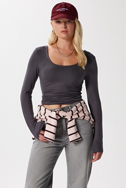 Ritnice Women's Heat Lux Touch U Neck Anthracite Long Sleeve Soft Blouse