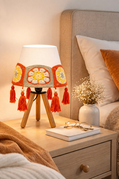 nijiartdesign 3 Ayaklı Doğal Ahşap Kroşe Motifli Püsküllü Rustik Görünümlü Ab...