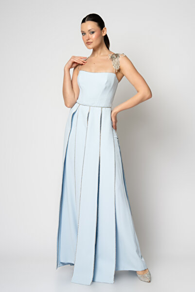 RENGIN Tek omuzdan metal aksesuarlı parçalı üst ve krep pantolon abiye takım