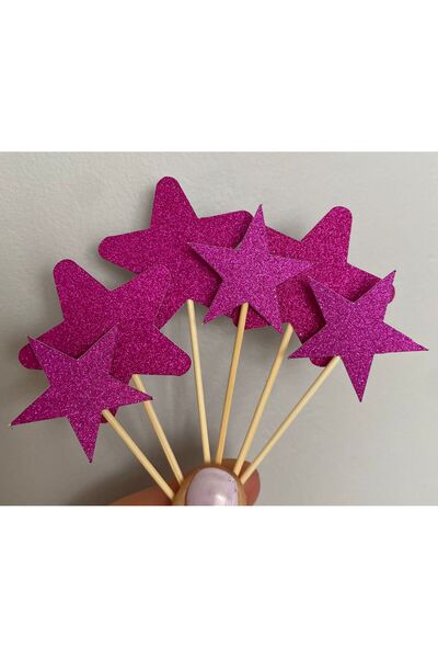 nerisdesign Yıldız Simli Kürdan – Pasta & Cupcake Süsü – Fuşya– 10 Adet