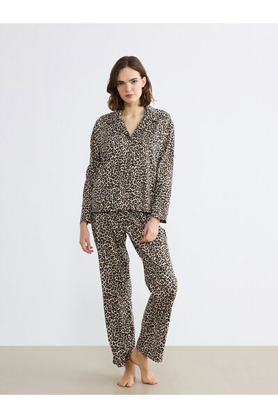 LC Waikiki Set pijamale dama cu guler tip camasa, cu model leopard
