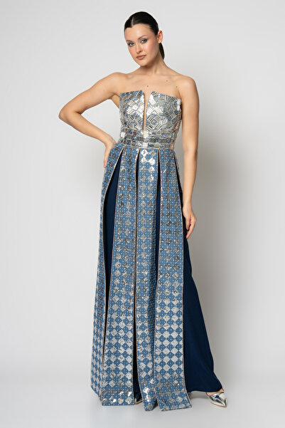 RENGIN Parçalı kot straplez üst krep pantolon abiye takım