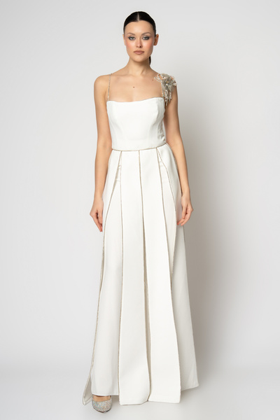 RENGIN Tek omuzdan metal aksesuarlı parçalı üst ve krep pantolon abiye takım