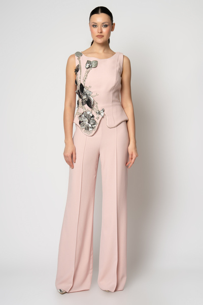 RENGIN Omuzdan bele rugan çiçekli ve taş işli krep abiye tulum