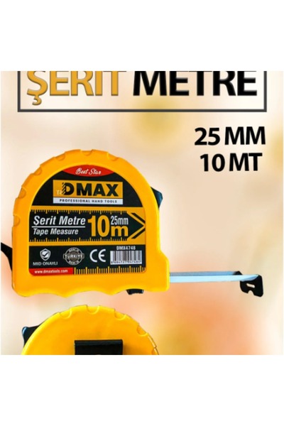 DMAX Şerit Metre 10 MT, Çelik Metre, Otomatik Durdurmalı, Kemer Klipsli