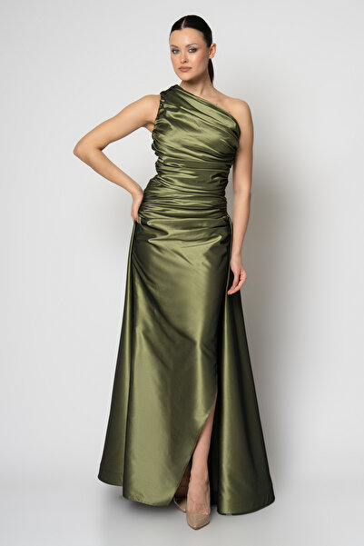 RENGIN Tek omzundan beline büzgülü janjan tafta abiye elbise