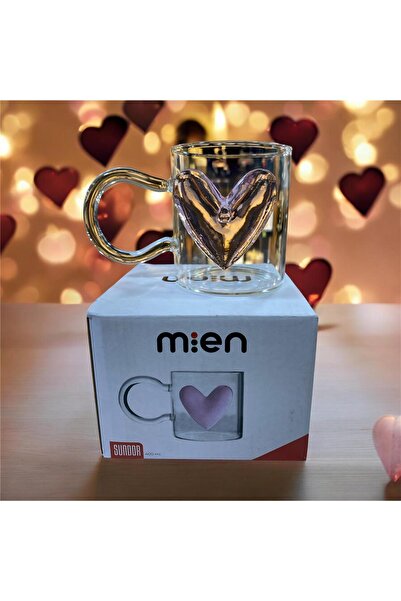 MİEN 400 ML Kalpli Şeffaf Cam Kupa – Pembe Kalp Detaylı