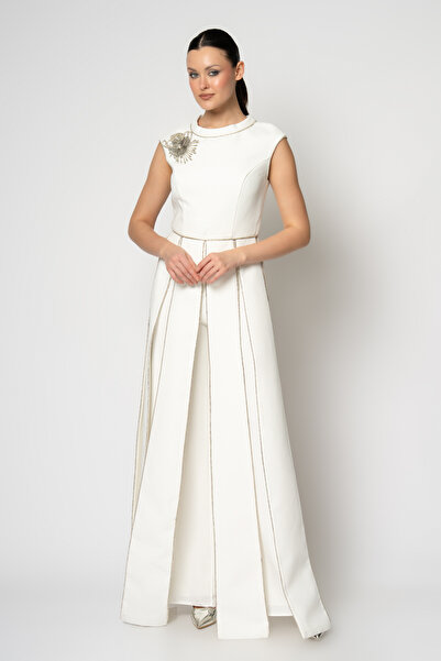 RENGIN Tek omzu metal aksesuarlı ay kollu üst ve krep pantolon abiye takım