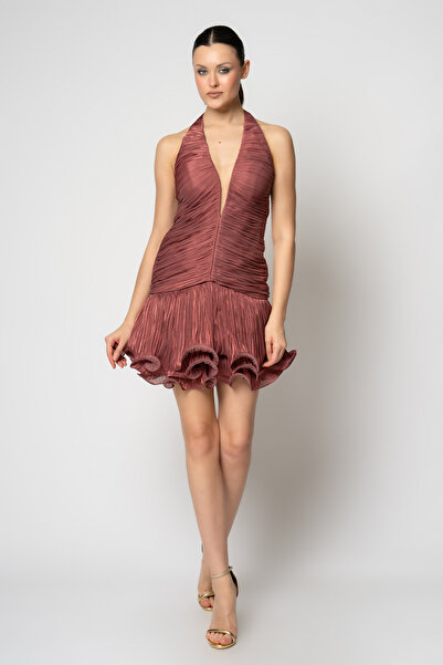 RENGIN Komple piliseli etek ucu fırfırlı mini abiye elbise