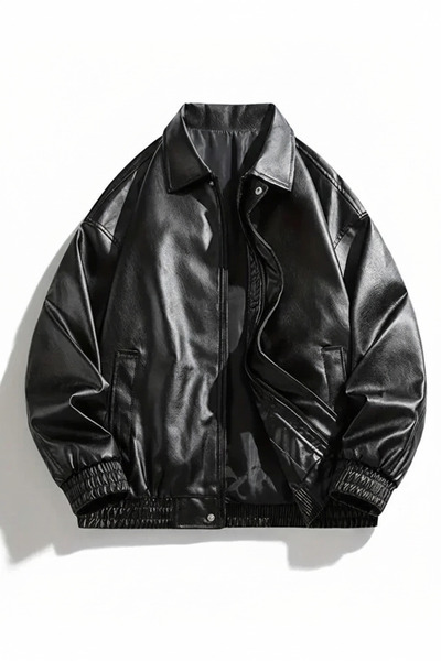 Orions Collection Unisex Oversize Vintage Siyah Deri Ceket – Retro Stil, Günl...