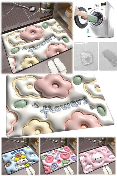 Munico Yumuşak Yer Paspası Hızlı Kurutma Pratik 40x60cm Çiçek Desenli Kaymaz ...