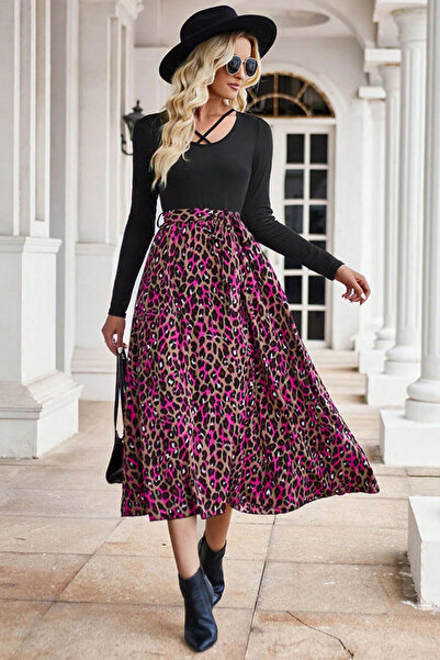 dorbe women's chic leopard print criss-cross v-neck long sleeve midi dress