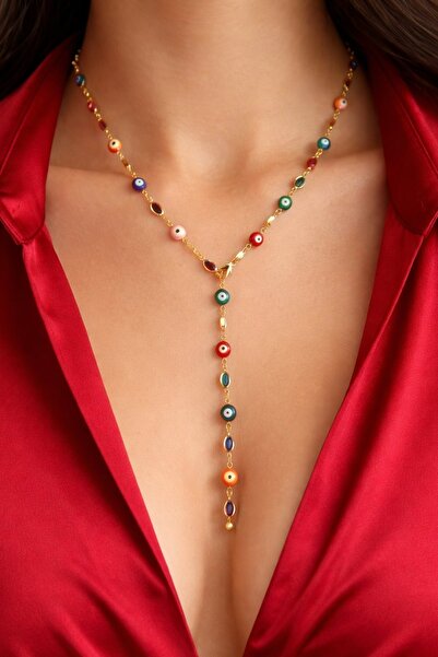 TAKIŞTIR Altın Renk Göz Detaylı Taşlı Çelik Y Kolye