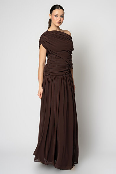 RENGIN Robası pileli eteği büzgülü tek omuz şifon abiye elbise