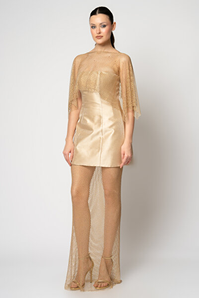 RENGIN Straplez çan etekli taşlı file bolerolu abiye elbise