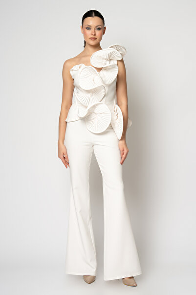 RENGIN Omuzdan piliseli volanlı krep pantolonlu abiye takım