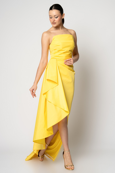 RENGIN Önü kısa belden parçalı straplez tafta abiye elbise