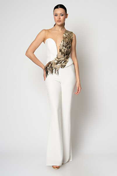 RENGIN Omuzdan bele rugan yapraklı krep pantolonlu ikili abiye takım