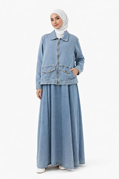 ELİFİMTESETTÜR ETEKLİ KOT TAKIM AÇIK MAVİ