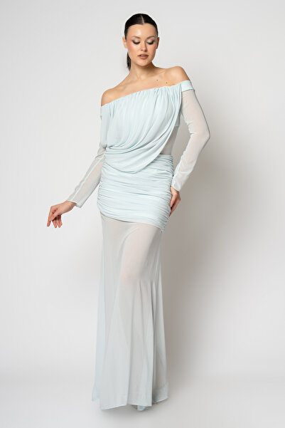 RENGIN Göğüsten bele büzgü parçalı uzun kollu şifon abiye elbise