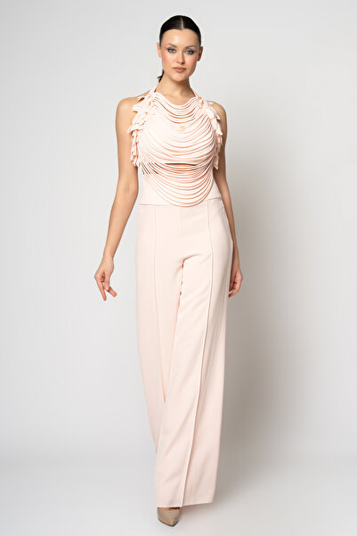 RENGIN Sırttan bağlamalı biyeli crop krep pantolon abiye takım