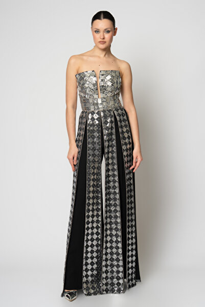 RENGIN Parçalı kot straplez üst krep pantolon abiye takım