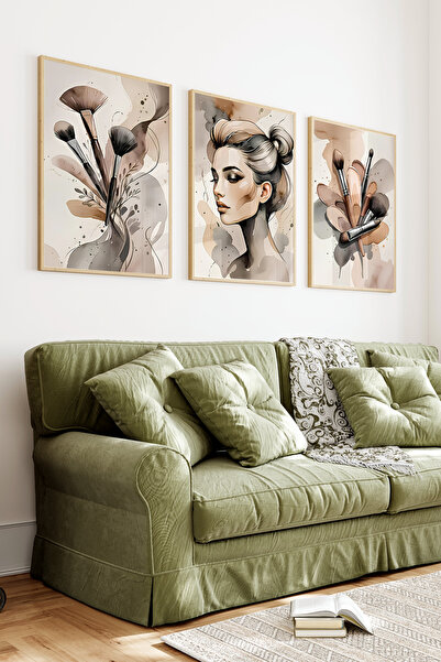 kutuTR Ahşap Çerçeveli 2D UV Baskı 3'lü Tablo set–Makyaj Fırçaları ve Kadın P...