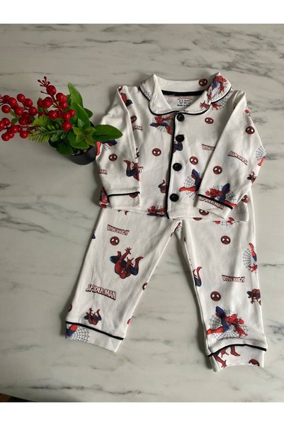 AYDEDE KİDS Boys Spiderman Printed Cotton Pajama Sets Buttoned Long Sleeve Bottom Top