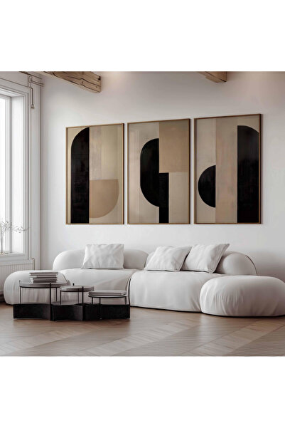 Bej Siyah Soyut Geometrik 3’lü Çerçeveli Tablo Seti | Modern Minimal Duvar Dekoru