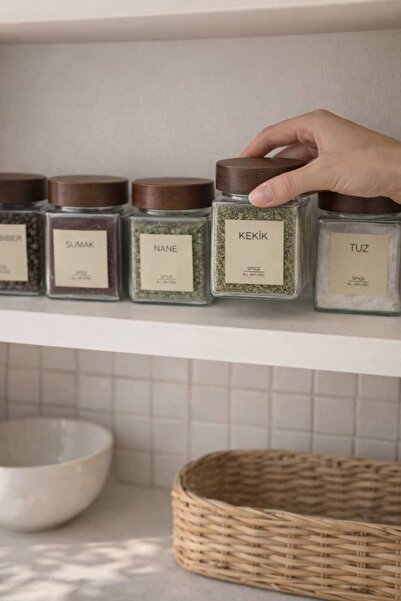 BUCOLIC Jumbo Acacia Glass Spice Jar Set with Lid |   6 Pieces