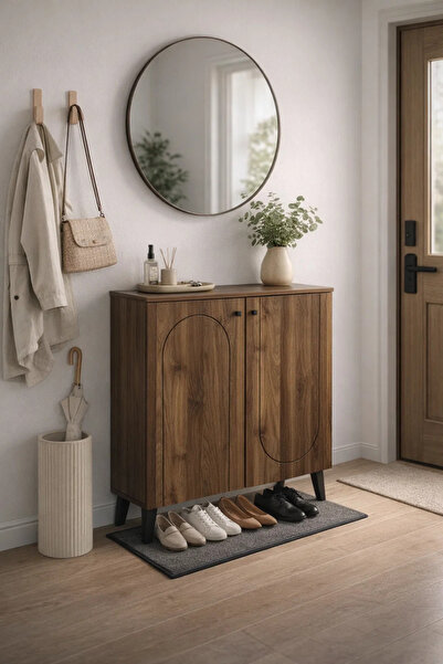 MARIA HOMES Modern Wooden Shoe Cabinet Dark Brown with Curved Line Design 80 ...
