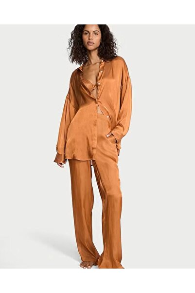 Victoria's Secret Luxury Transparent Satin Long Pajama Set with Front Buttons...