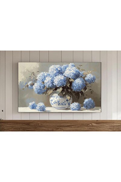 NinaStore Mavi Ortanca Çiçeği Çerçeveli TV Duvar Sanatı Çin Tarzı Duvar Kağıd...