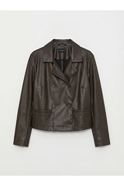 LC Waikiki Brown Double-Breasted Collared Women's Leather Look Jacket