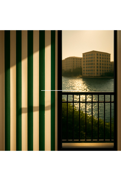 SHY TEKSTİL Green and White Striped Solid Color Cornice-Laced Balcony Curtain...