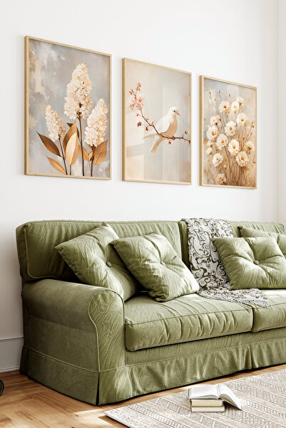kutuTR Ahşap Çerçeveli 2D UV Baskı 3'lü Tablo set–Beyaz Kuş ve Çiçek Temalı- ...
