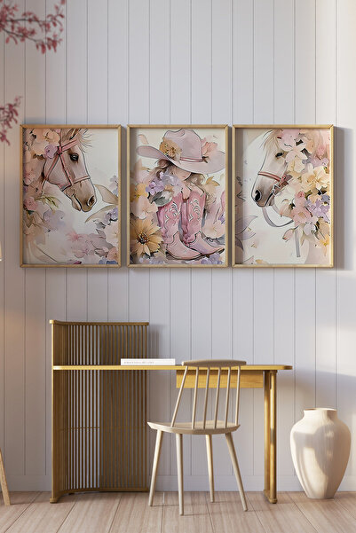 kutuTR Ahşap Çerçeveli 2D UV Baskı 3'lü Tablo set–Çiçekli At ve Kovboy Çizmesi Temalı Pastel- CRV1327