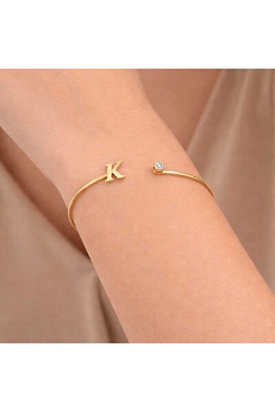 Bittox Kadın Altın ve Gümüş Renkli Harfli Taşlı Ayarlanabilir Kelepçe Bilekli...
