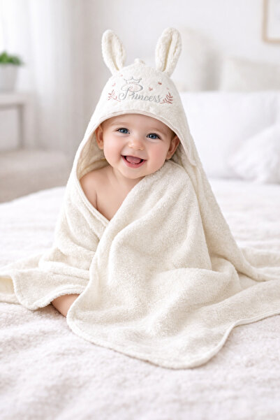 LİLİYUM Princess Tavşan Kulaklı Kapüşonlu Bebek Banyo Havlusu & Kesesi – %100...