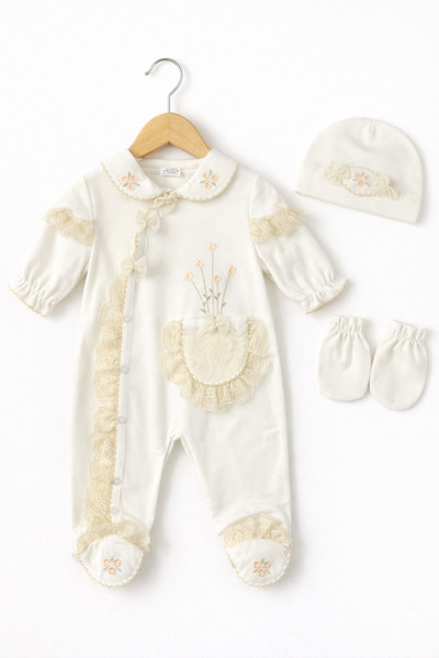 Kardeşler Bebe Lace Flower Embroidered Baby Girl Jumpsuit Beanie Gloves Set
