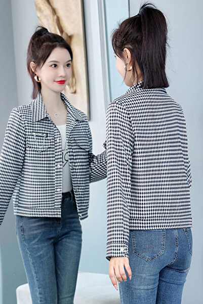 dorbe stylish houndstooth design button-up long sleeves women jacket