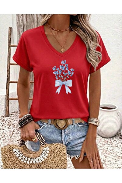 FUFLUNS تي شيرت نسائي كبير الحجم برقبة على شكل حرف V مطبوع عليه شريط باقة الزهور