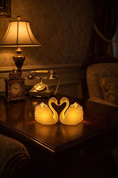 NOVATECH İNOVASYON Beyaz Kuğu Figürleri 2’li Dekoratif Biblo Pilli Mum İle Ku...