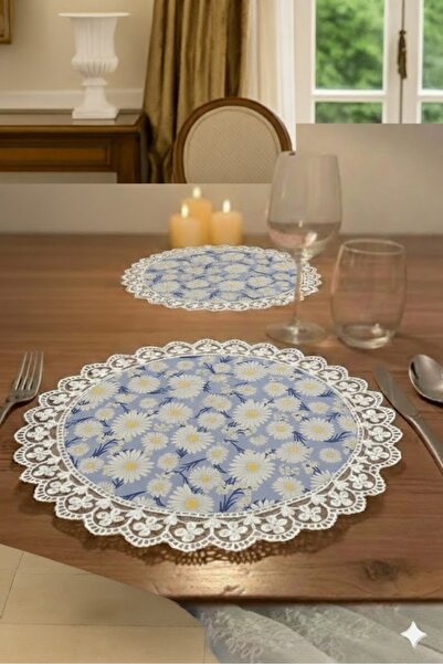 Rona Home Blue Daisy Patterned Lace-Edged Supla Placemat Set of 6 Round Prese...
