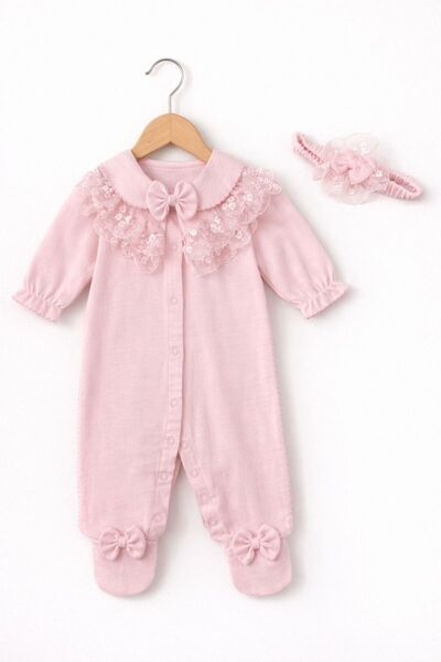 Kardeşler Bebe Bow and Lace Detailed Detachable Collar Baby Girl Romper with ...