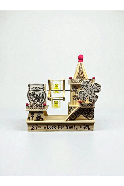 CaactuStore Ahşap Değirmenli Kalemlikli Kurmalı Müzik Kutusu Dekoratif Hediyelik