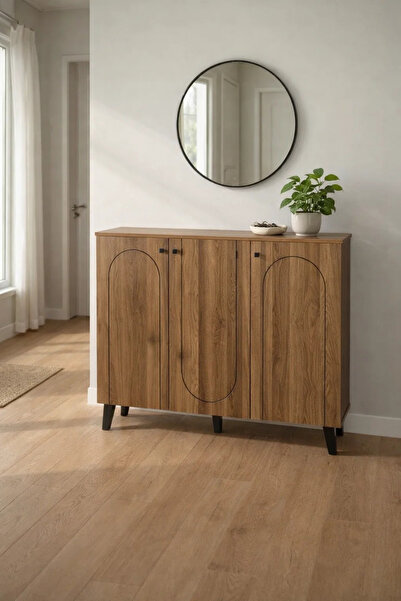 MARIA HOMES Dark Brown Wooden Shoe Cabinet with 3 Doors 120 x 32 x 94 cm