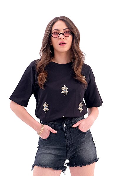 VELİZADE Tricou negru pentru femei, cu gât crew, 100% bumbac, cu broderie cu ...