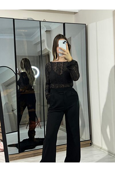 ELA Siyah ispanyol Kol Dantel Bluz